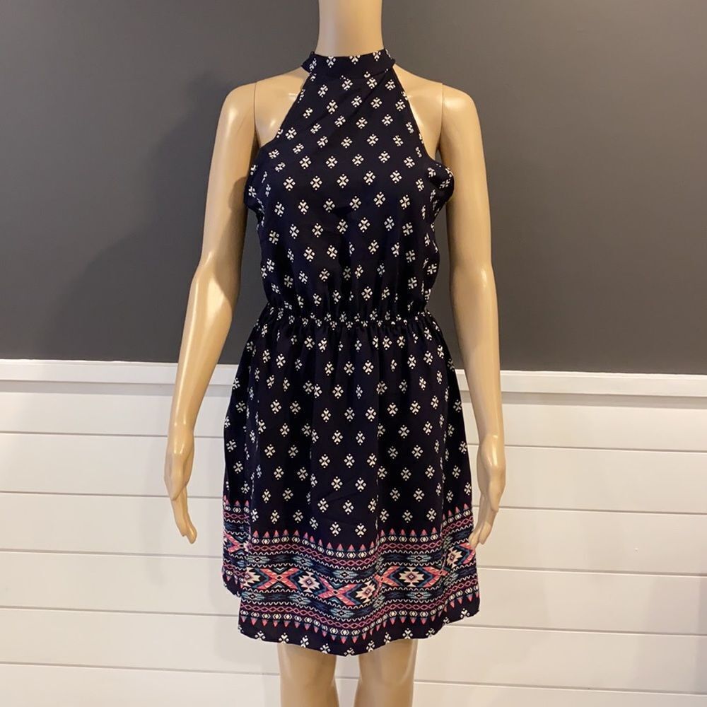 Aqua women's blue geometric print halter neckline